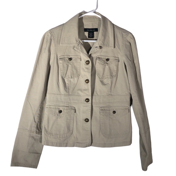 Calvin Klein Khaki Beige Button Up 4 Pocket Collared Jacket Women’s Large - Picture 9 of 10